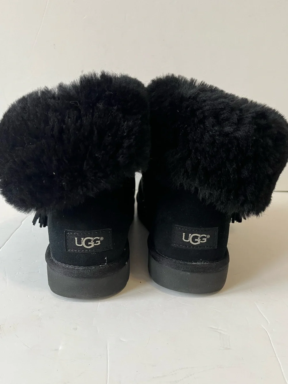 Ugg Black Suede shearling Fluff Collar details Button Ankle Boots size 10